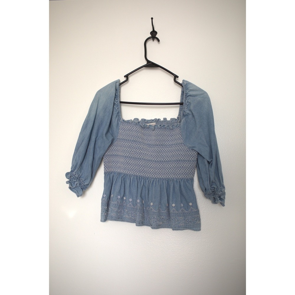 American Eagle Smocked Embroidered Denim Peplum Top Light Wash Blue Small